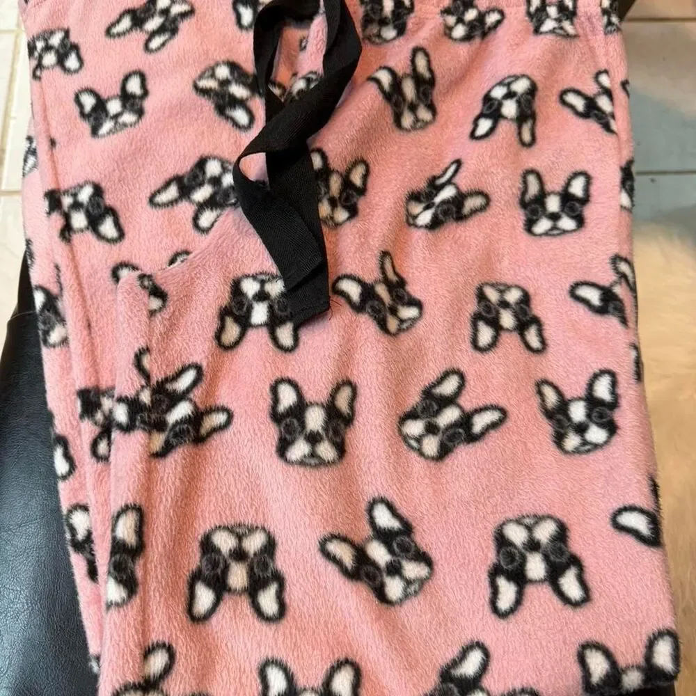 Ardene pink fleece French bulldog print fleece pajama pants Size M